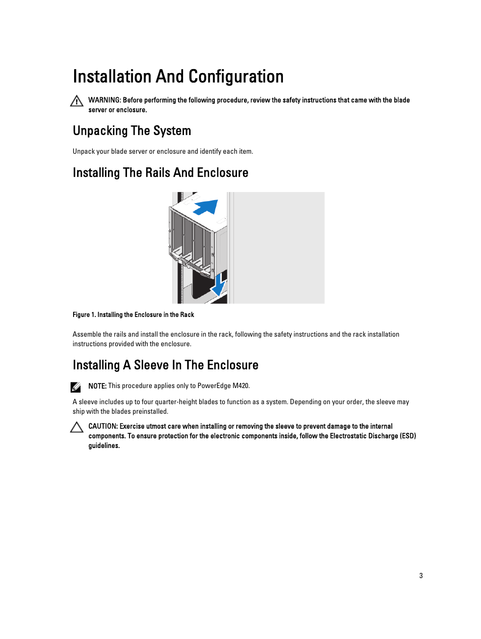 Installation and configuration, Unpacking the system, Installing the rails and enclosure | Installing a sleeve in the enclosure | Dell POWEREDGE M620 User Manual | Page 3 / 12