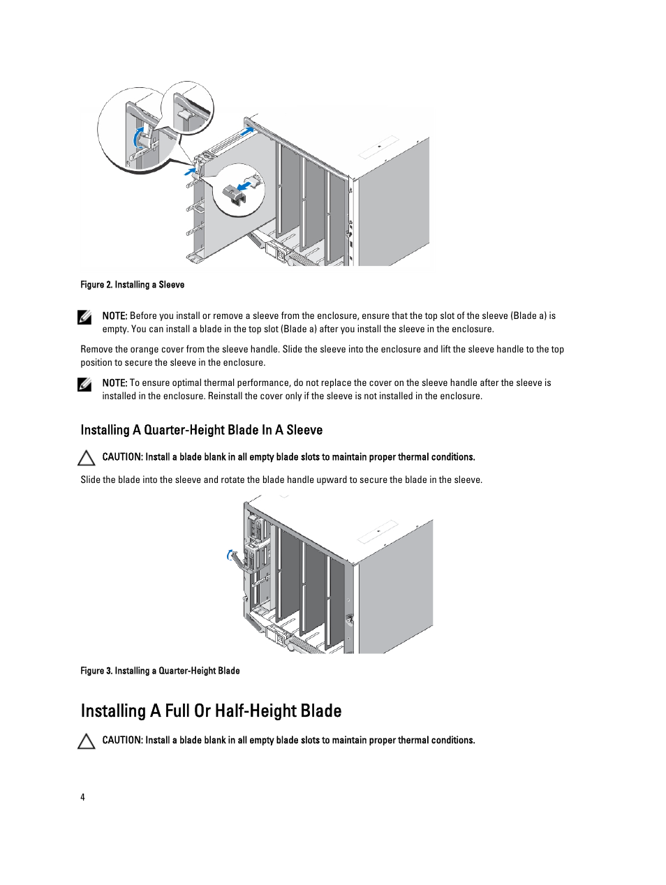 Installing a quarter-height blade in a sleeve, Installing a full or half-height blade | Dell POWEREDGE M620 User Manual | Page 4 / 12