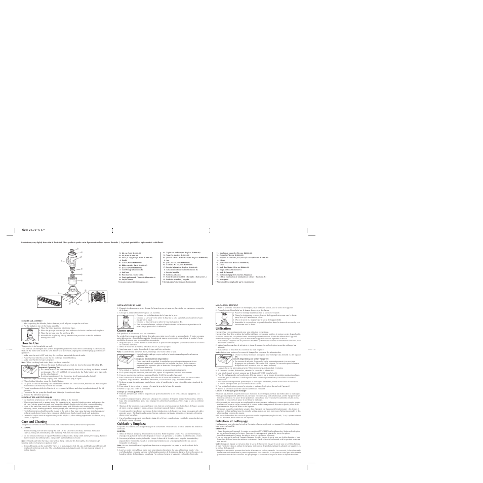 How to use, Care and cleaning, Como usar | Cuidado y limpieza, Utilisation, Entretien et nettoyage | Black & Decker BL8000 User Manual | Page 2 / 2