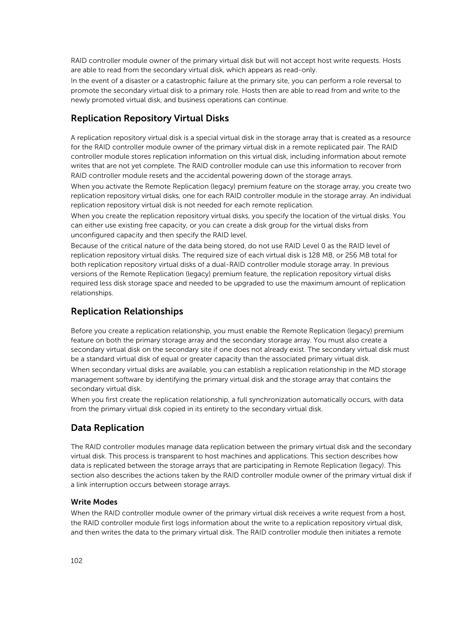 Replication repository virtual disks, Replication relationships, Data replication | Dell PowerVault MD3420 User Manual | Page 102 / 405