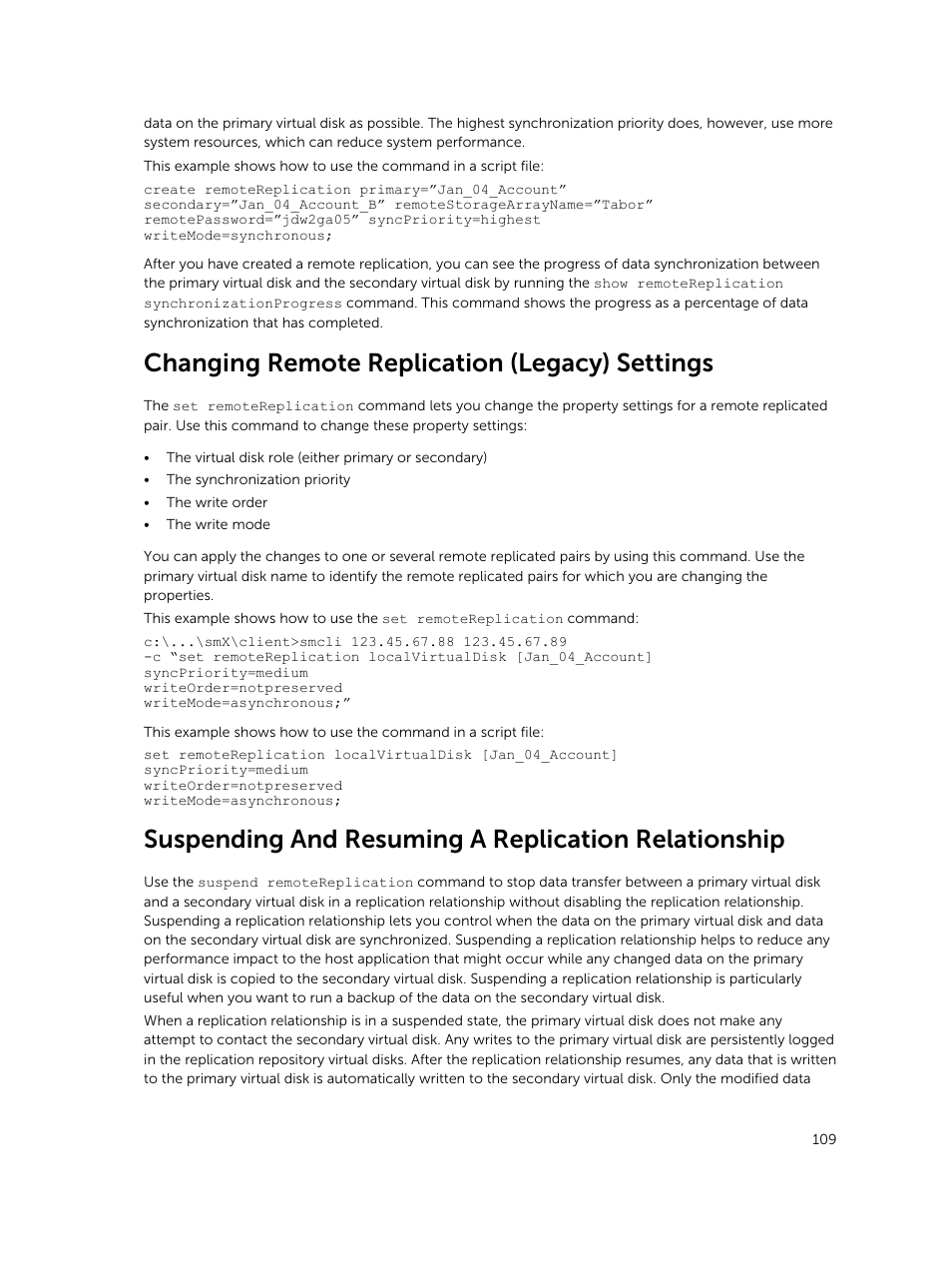 Changing remote replication (legacy) settings, Suspending and resuming a replication relationship | Dell PowerVault MD3420 User Manual | Page 109 / 405