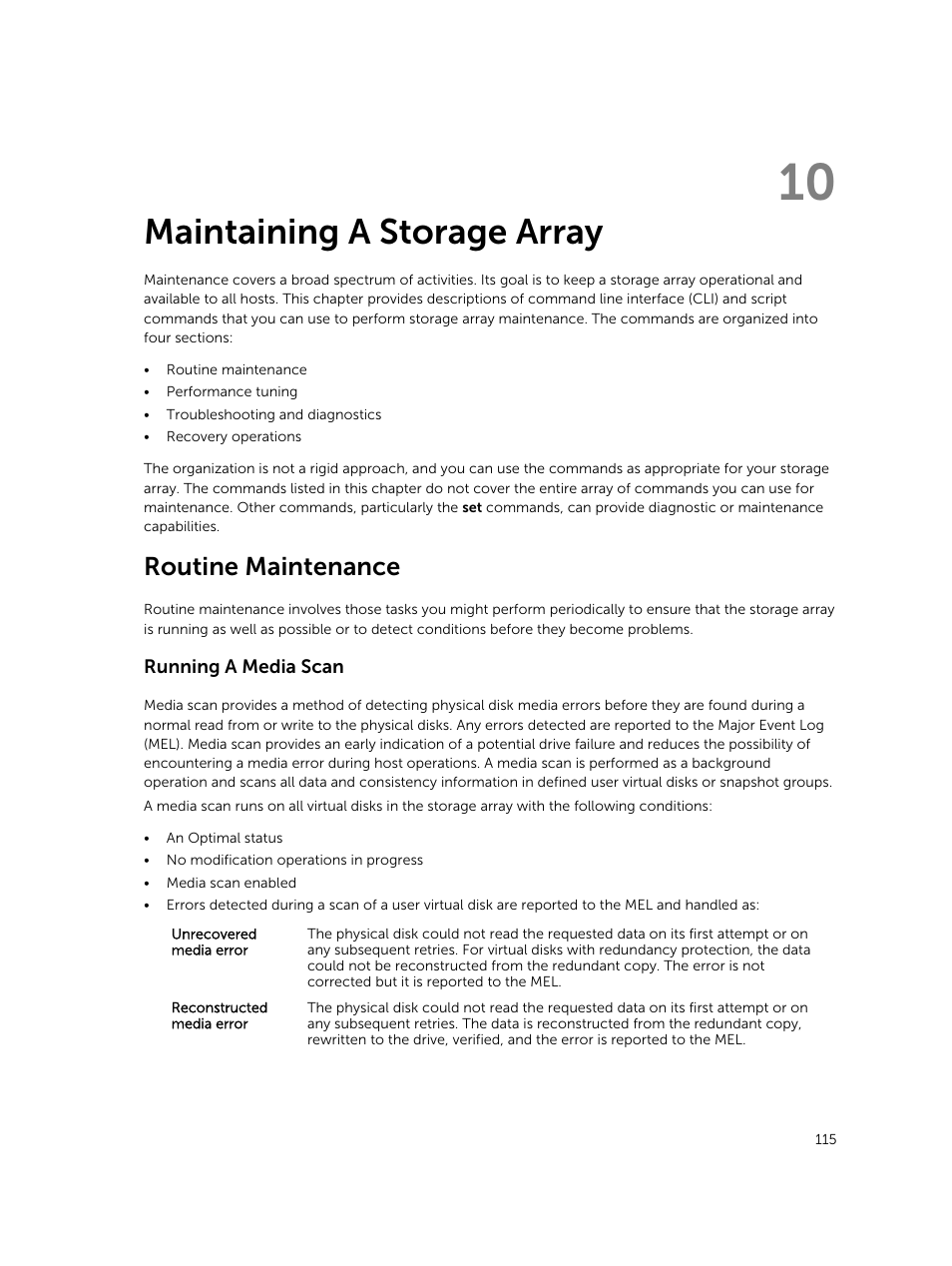 Maintaining a storage array, Routine maintenance, Running a media scan | 10 maintaining a storage array | Dell PowerVault MD3420 User Manual | Page 115 / 405