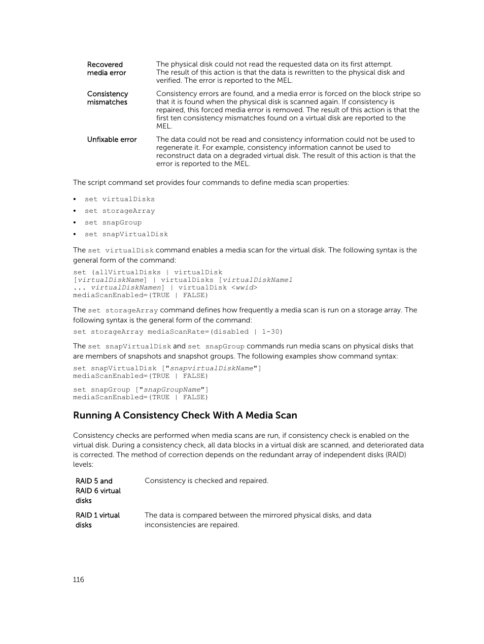 Running a consistency check with a media scan | Dell PowerVault MD3420 User Manual | Page 116 / 405