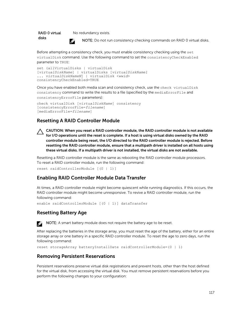 Resetting a raid controller module, Enabling raid controller module data transfer, Resetting battery age | Removing persistent reservations | Dell PowerVault MD3420 User Manual | Page 117 / 405