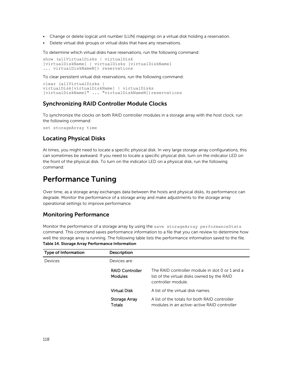 Synchronizing raid controller module clocks, Locating physical disks, Performance tuning | Monitoring performance | Dell PowerVault MD3420 User Manual | Page 118 / 405