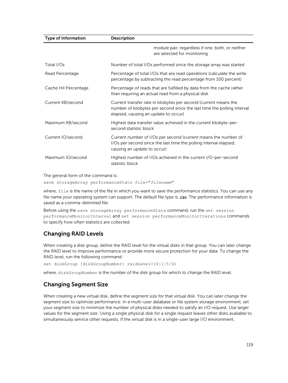 Changing raid levels, Changing segment size | Dell PowerVault MD3420 User Manual | Page 119 / 405