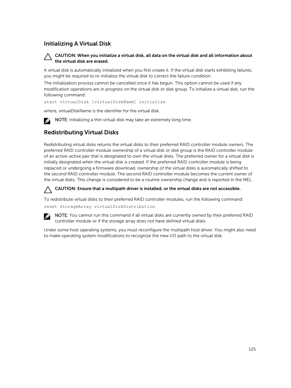 Initializing a virtual disk, Redistributing virtual disks | Dell PowerVault MD3420 User Manual | Page 125 / 405