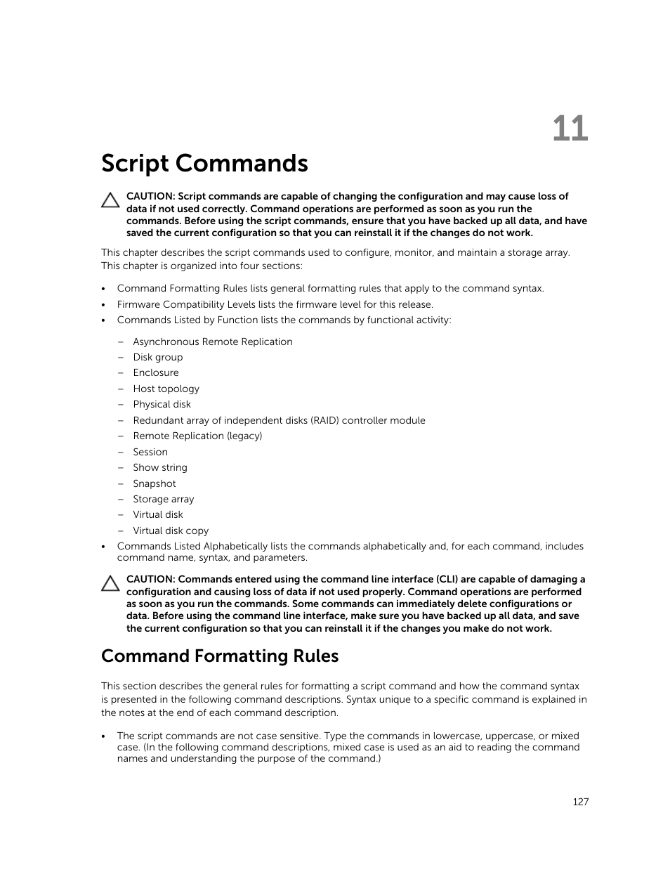 Script commands, Command formatting rules, 11 script commands | Dell PowerVault MD3420 User Manual | Page 127 / 405