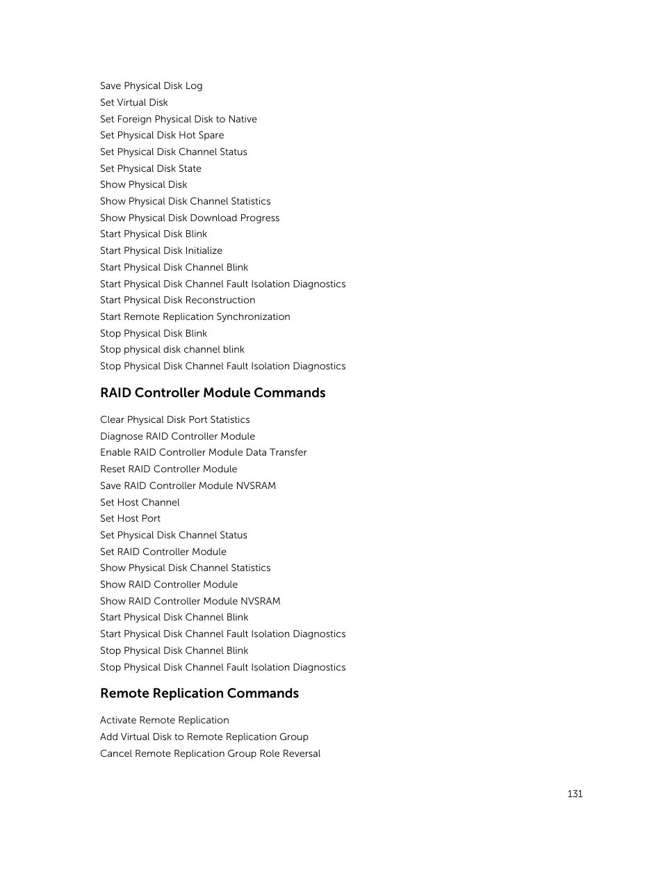Raid controller module commands, Remote replication commands | Dell PowerVault MD3420 User Manual | Page 131 / 405