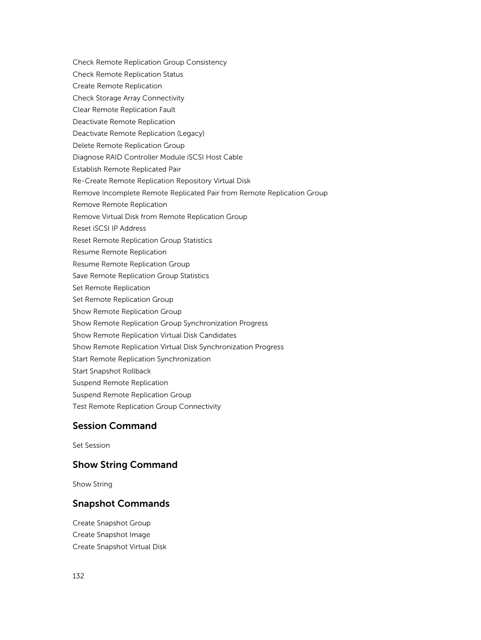 Session command, Show string command, Snapshot commands | Dell PowerVault MD3420 User Manual | Page 132 / 405