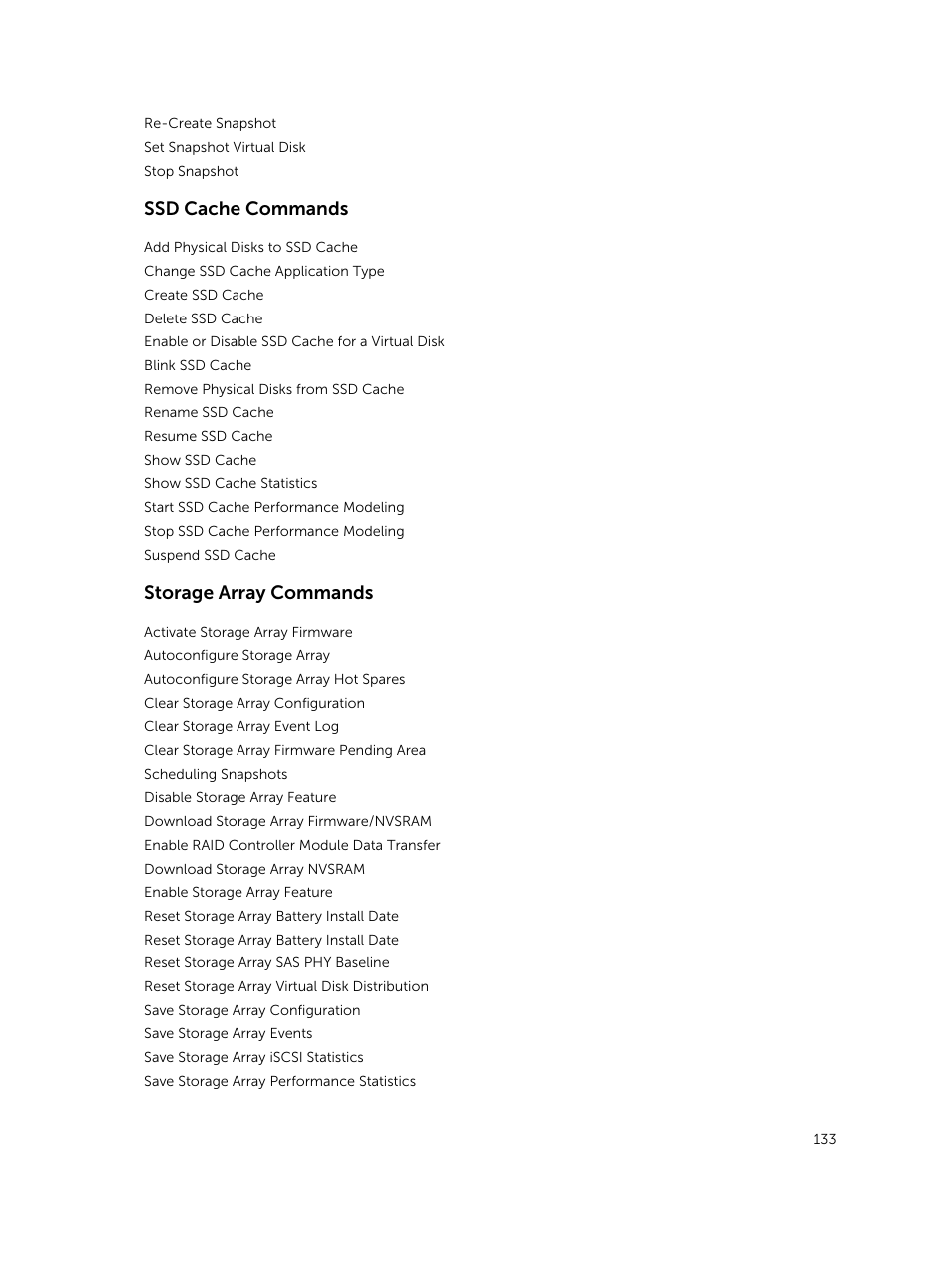 Ssd cache commands, Storage array commands | Dell PowerVault MD3420 User Manual | Page 133 / 405