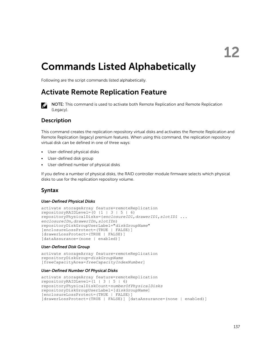 Commands listed alphabetically, Activate remote replication feature, 12 commands listed alphabetically | Dell PowerVault MD3420 User Manual | Page 137 / 405