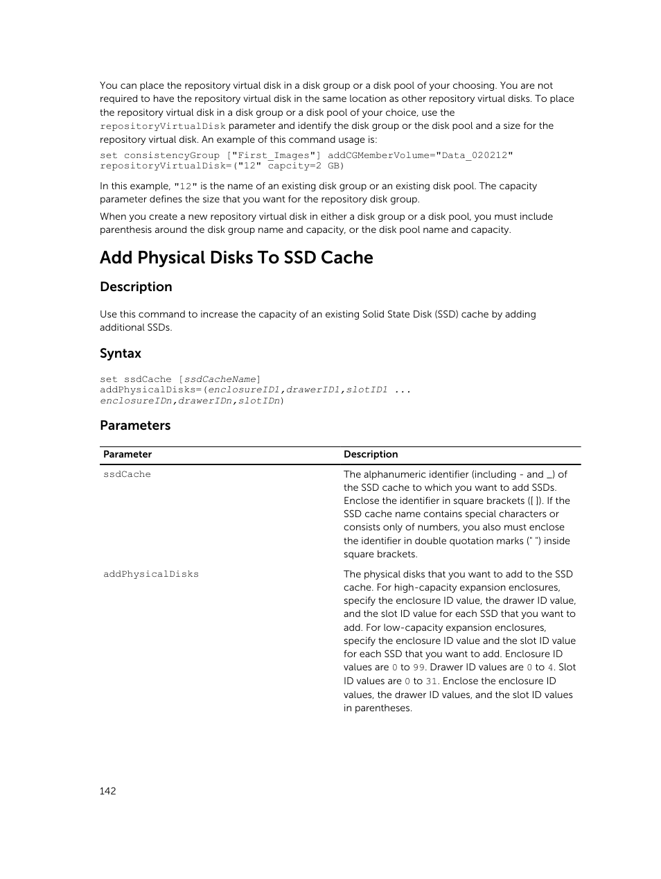 Add physical disks to ssd cache, Description, Syntax | Parameters | Dell PowerVault MD3420 User Manual | Page 142 / 405