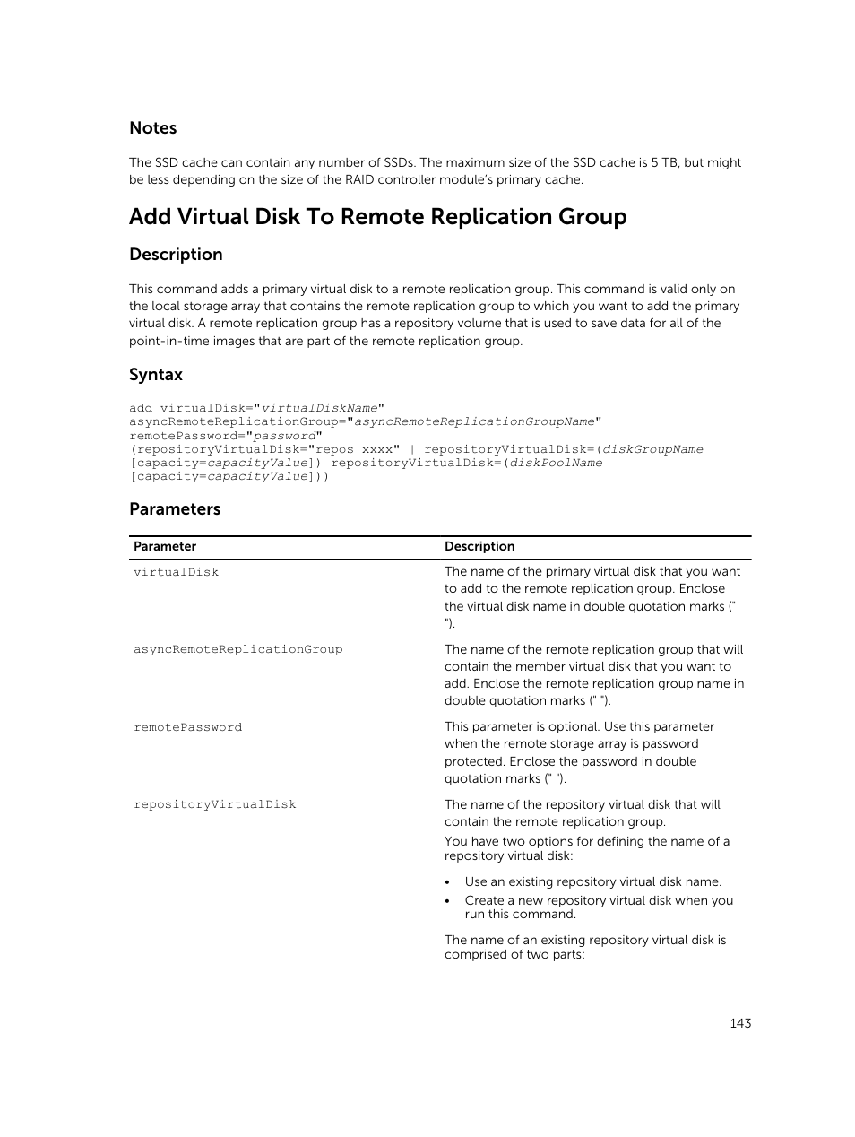 Add virtual disk to remote replication group, Description, Syntax | Parameters | Dell PowerVault MD3420 User Manual | Page 143 / 405