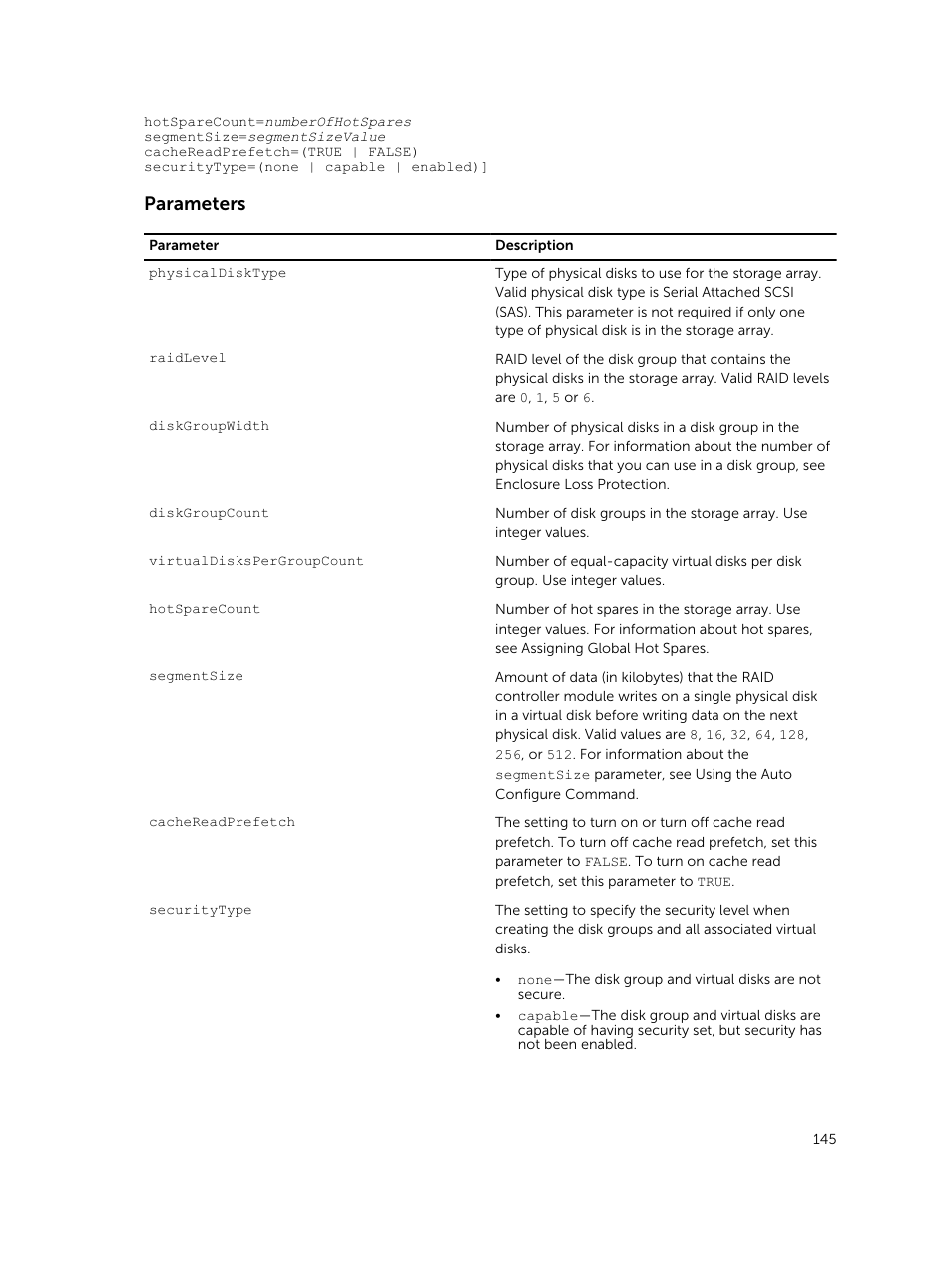 Parameters | Dell PowerVault MD3420 User Manual | Page 145 / 405