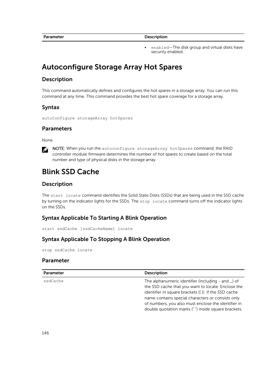 Autoconfigure storage array hot spares, Blink ssd cache | Dell PowerVault MD3420 User Manual | Page 146 / 405