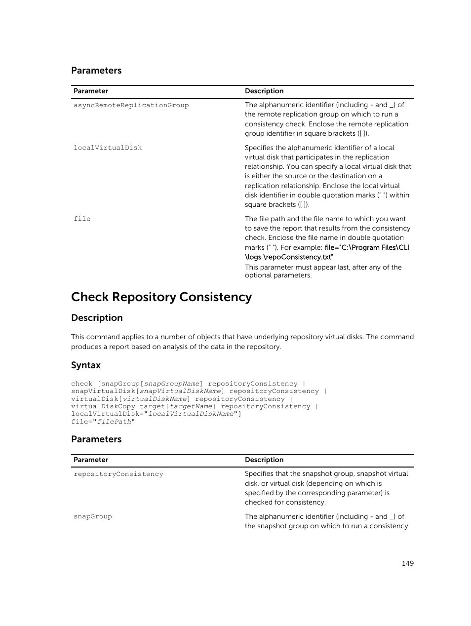 Check repository consistency, Parameters, Description | Syntax | Dell PowerVault MD3420 User Manual | Page 149 / 405