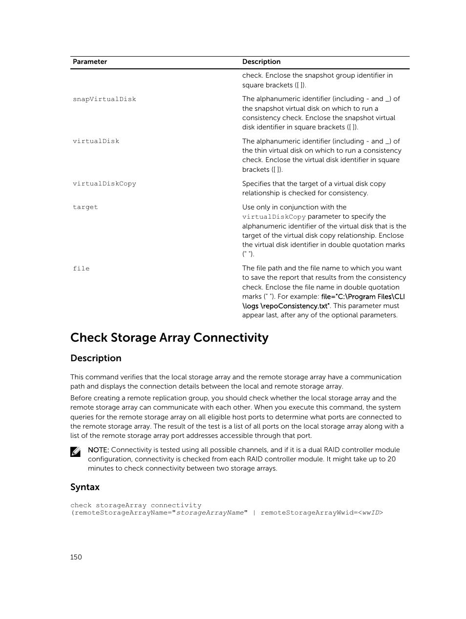 Check storage array connectivity, Description, Syntax | Dell PowerVault MD3420 User Manual | Page 150 / 405