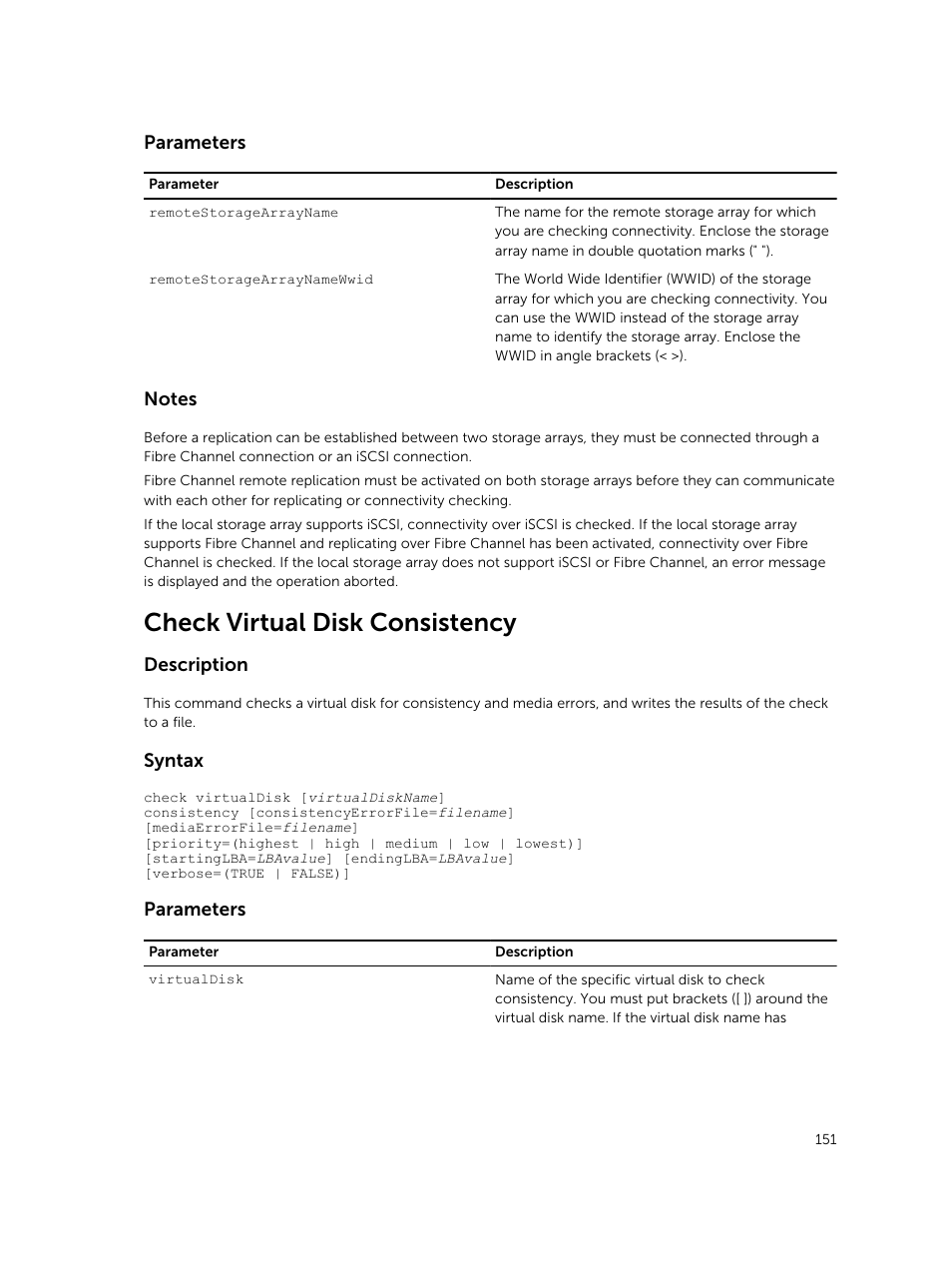 Check virtual disk consistency, Parameters, Description | Syntax | Dell PowerVault MD3420 User Manual | Page 151 / 405