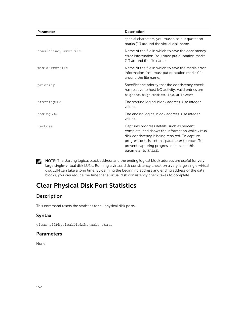 Clear physical disk port statistics, Description, Syntax | Parameters | Dell PowerVault MD3420 User Manual | Page 152 / 405