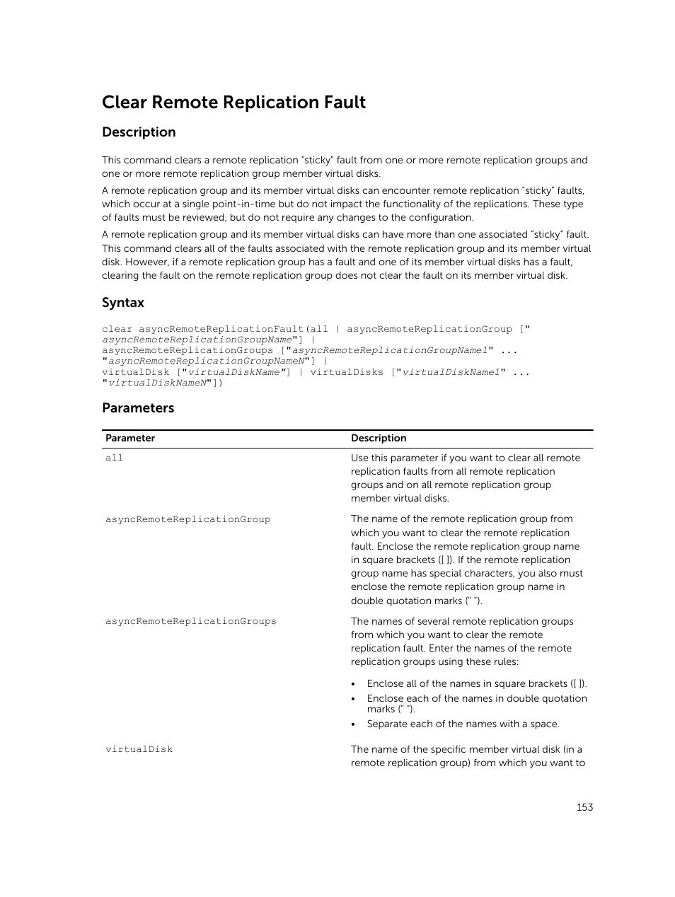 Clear remote replication fault, Description, Syntax | Parameters | Dell PowerVault MD3420 User Manual | Page 153 / 405