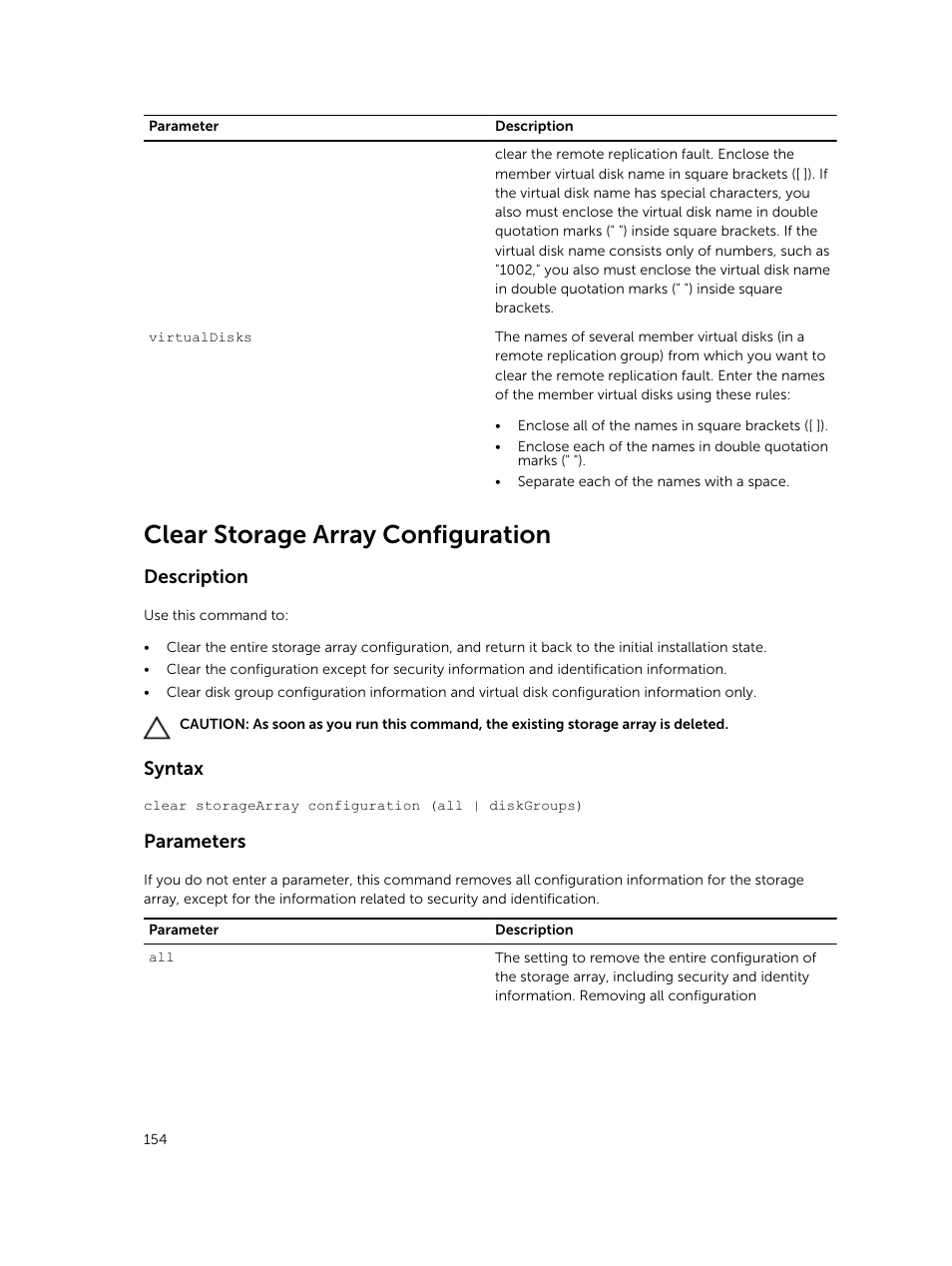 Clear storage array configuration, Description, Syntax | Parameters | Dell PowerVault MD3420 User Manual | Page 154 / 405