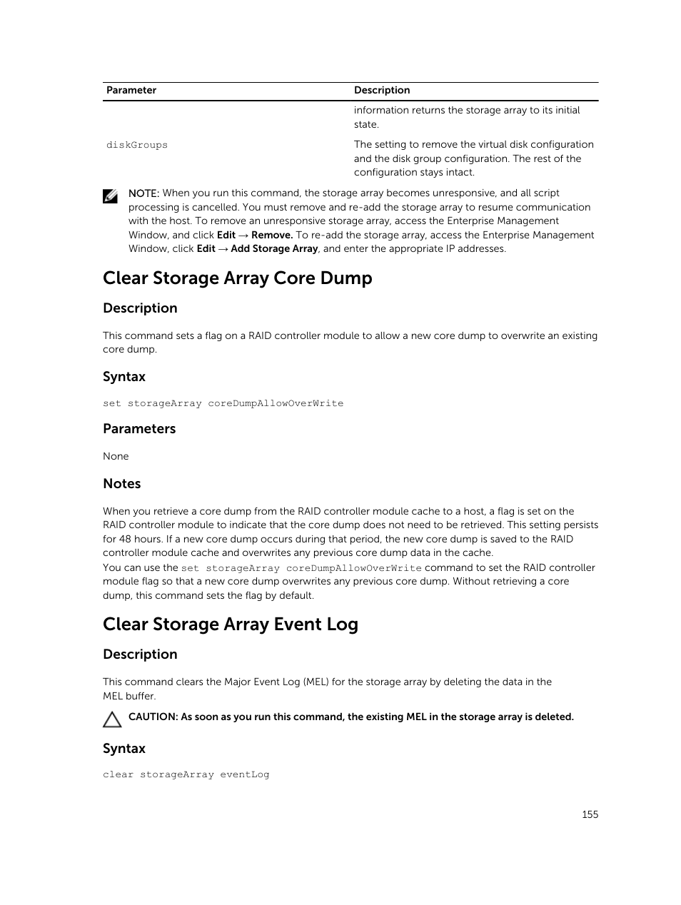Clear storage array core dump, Clear storage array event log | Dell PowerVault MD3420 User Manual | Page 155 / 405