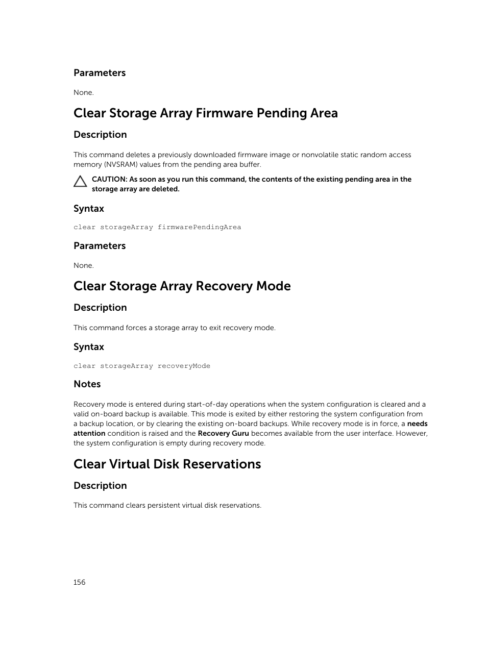 Clear storage array firmware pending area, Clear storage array recovery mode, Clear virtual disk reservations | Dell PowerVault MD3420 User Manual | Page 156 / 405