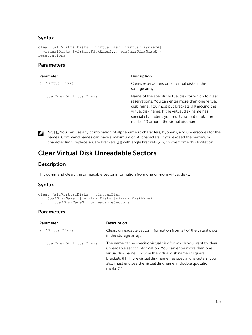 Clear virtual disk unreadable sectors, Syntax, Parameters | Description | Dell PowerVault MD3420 User Manual | Page 157 / 405