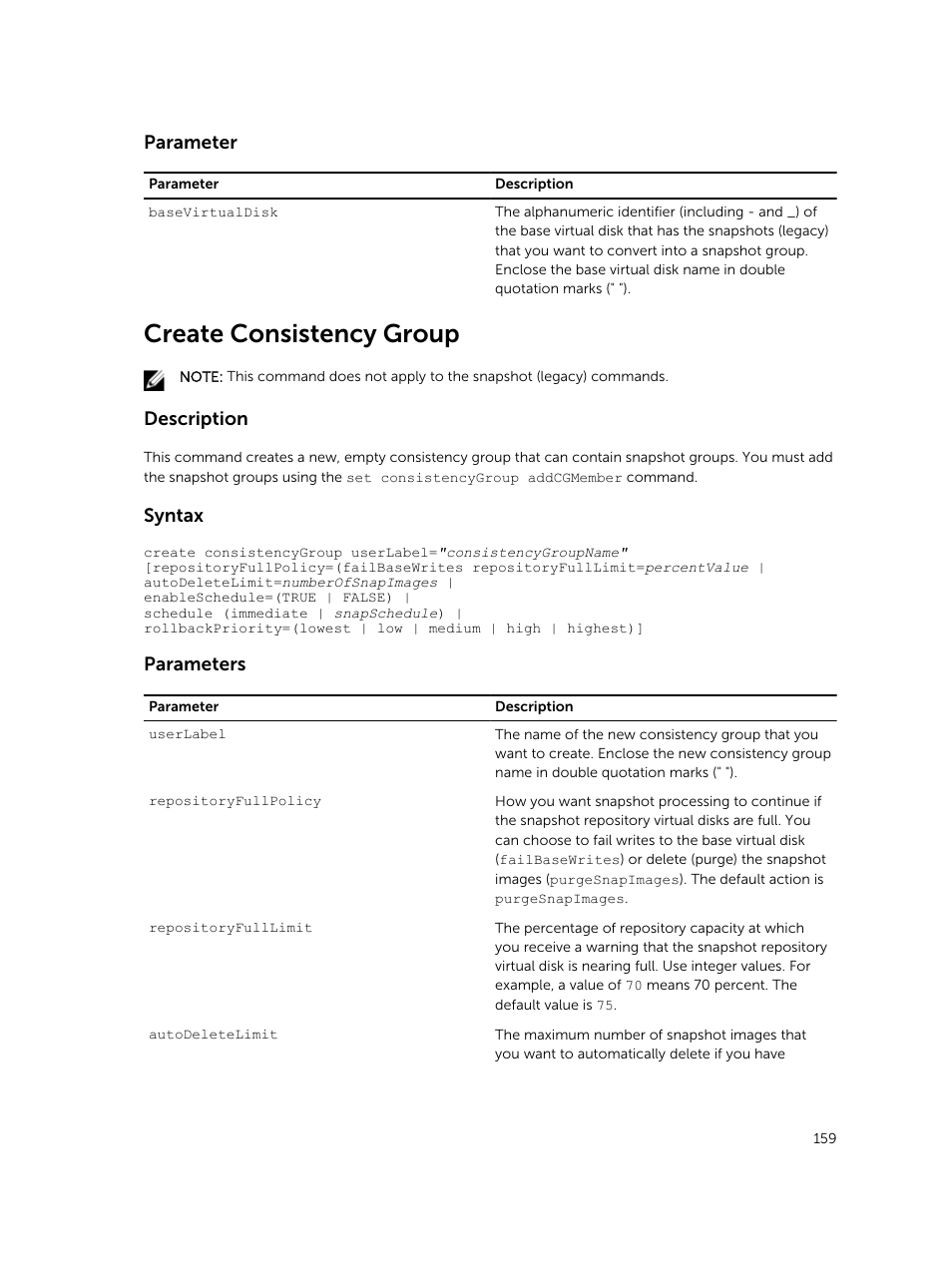 Create consistency group, Parameter, Description | Syntax, Parameters | Dell PowerVault MD3420 User Manual | Page 159 / 405