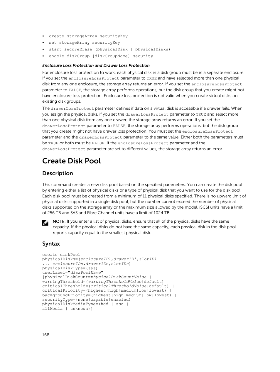 Create disk pool, Description, Syntax | Dell PowerVault MD3420 User Manual | Page 168 / 405
