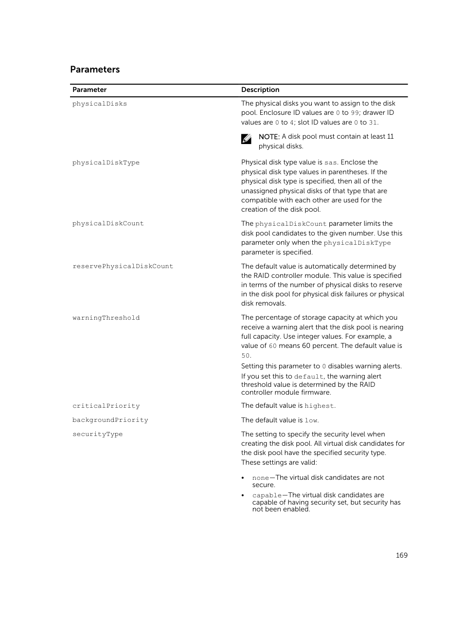 Parameters | Dell PowerVault MD3420 User Manual | Page 169 / 405