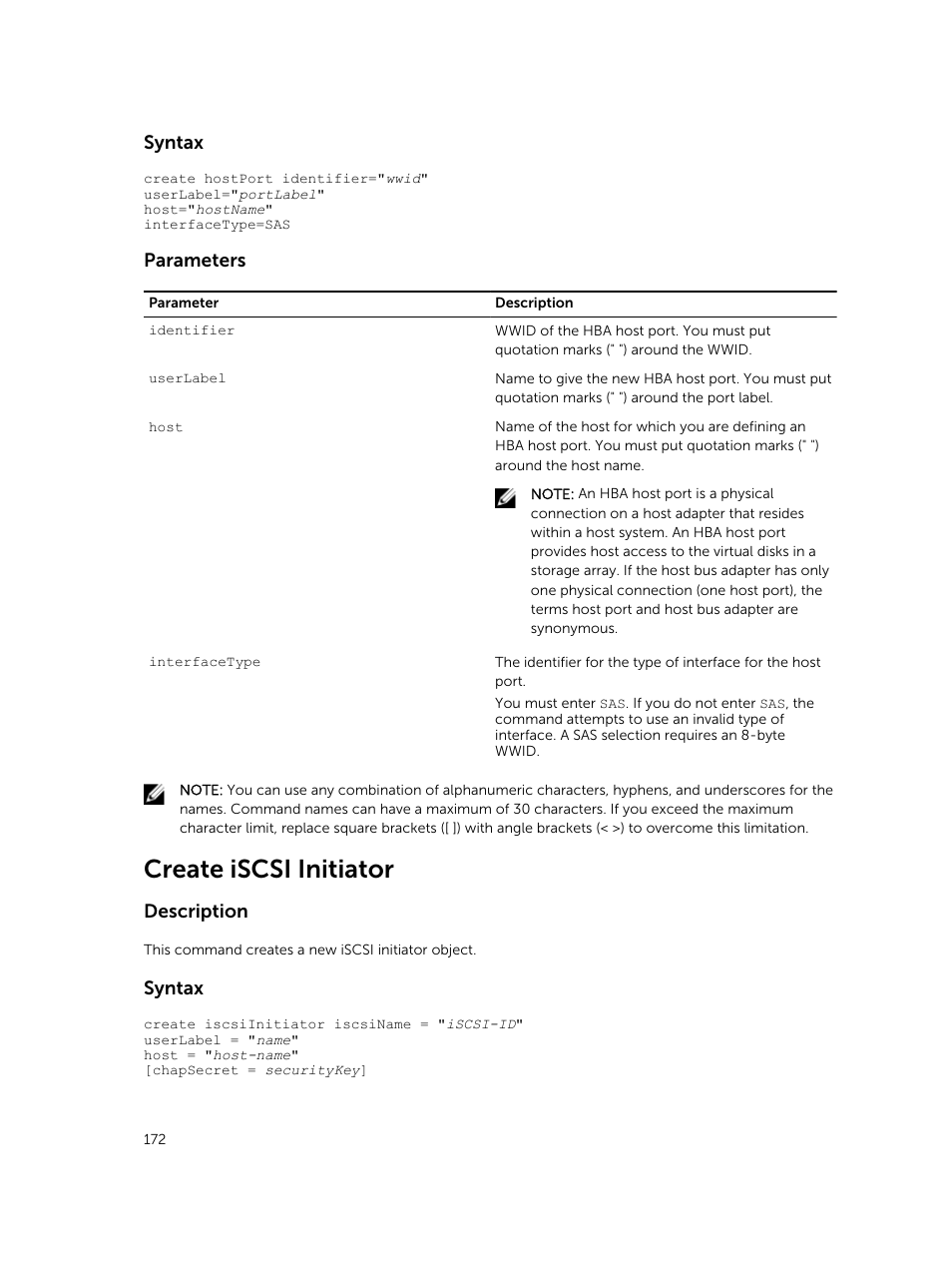 Create iscsi initiator, Syntax, Parameters | Description | Dell PowerVault MD3420 User Manual | Page 172 / 405