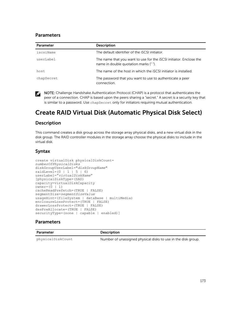 Parameters, Description, Syntax | Dell PowerVault MD3420 User Manual | Page 173 / 405