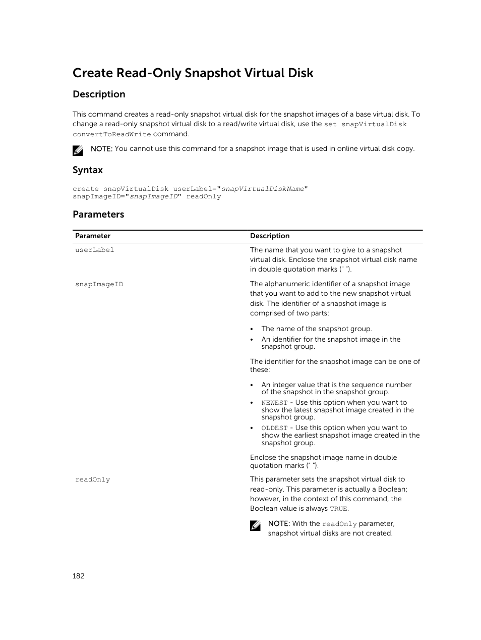 Create read-only snapshot virtual disk, Description, Syntax | Parameters | Dell PowerVault MD3420 User Manual | Page 182 / 405