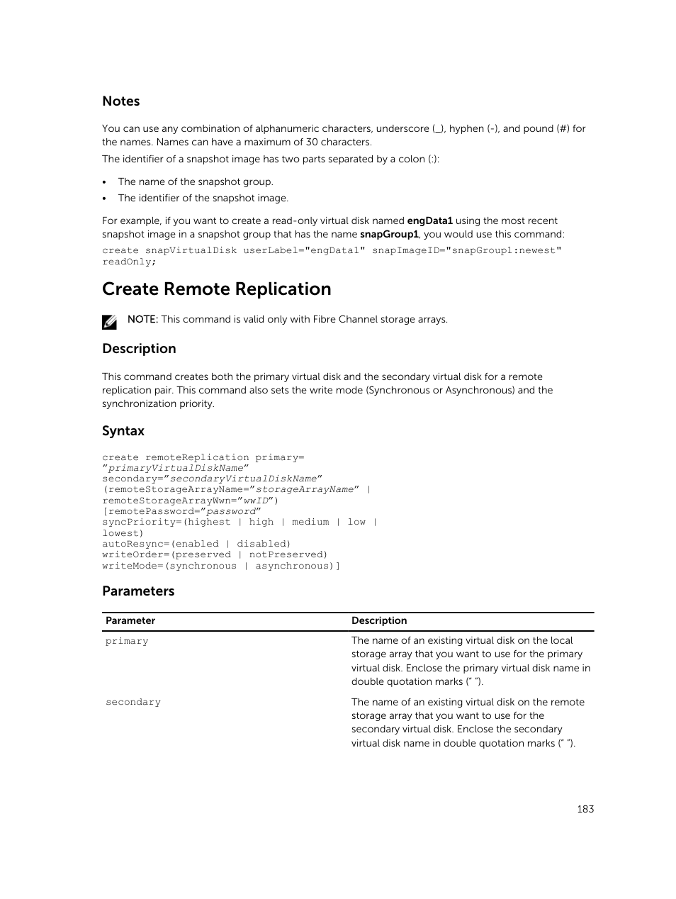 Create remote replication, Description, Syntax | Parameters | Dell PowerVault MD3420 User Manual | Page 183 / 405