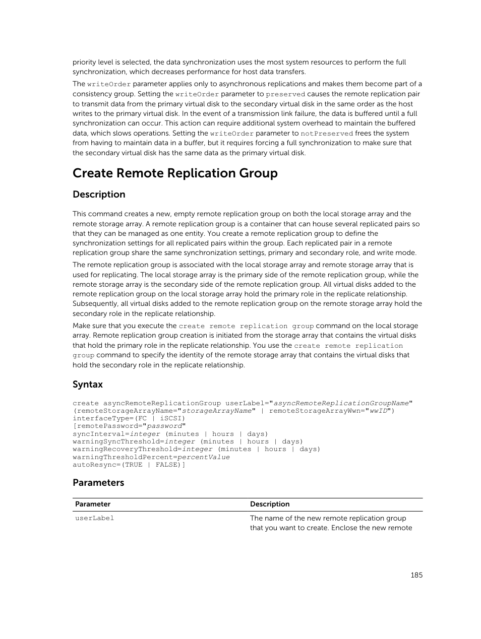 Create remote replication group, Description, Syntax | Parameters | Dell PowerVault MD3420 User Manual | Page 185 / 405