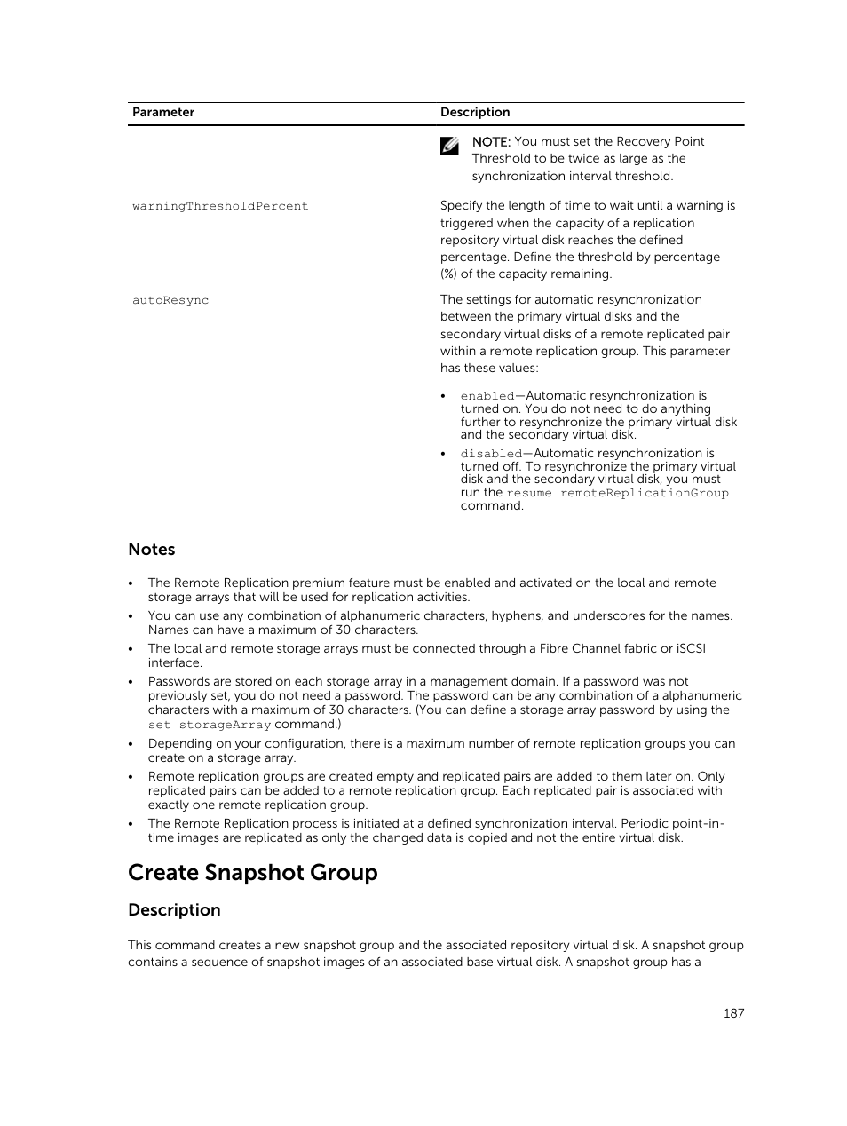 Create snapshot group, Description | Dell PowerVault MD3420 User Manual | Page 187 / 405