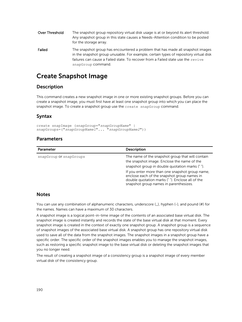 Create snapshot image, Description, Syntax | Parameters | Dell PowerVault MD3420 User Manual | Page 190 / 405