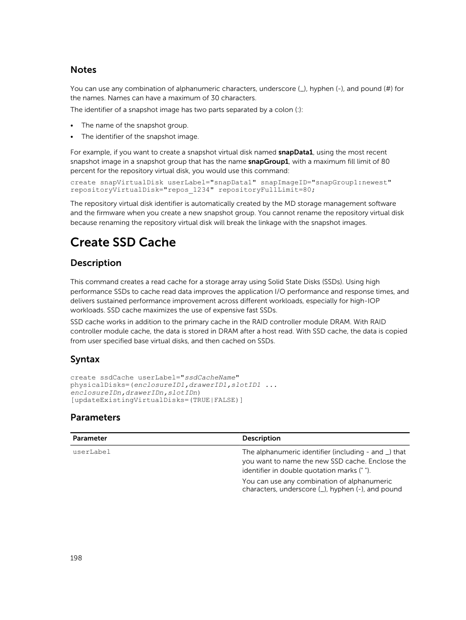 Create ssd cache, Description, Syntax | Parameters | Dell PowerVault MD3420 User Manual | Page 198 / 405