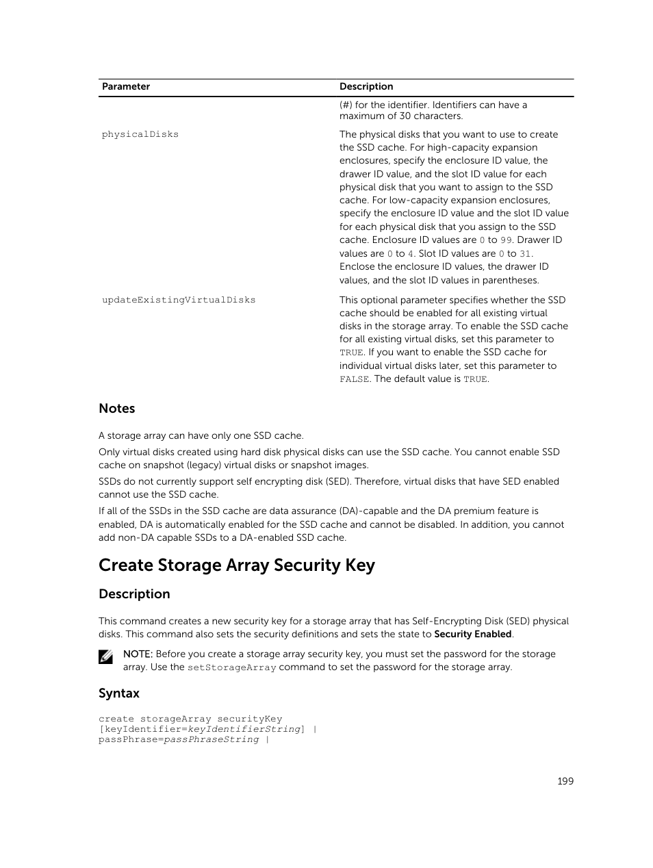 Create storage array security key, Description, Syntax | Dell PowerVault MD3420 User Manual | Page 199 / 405