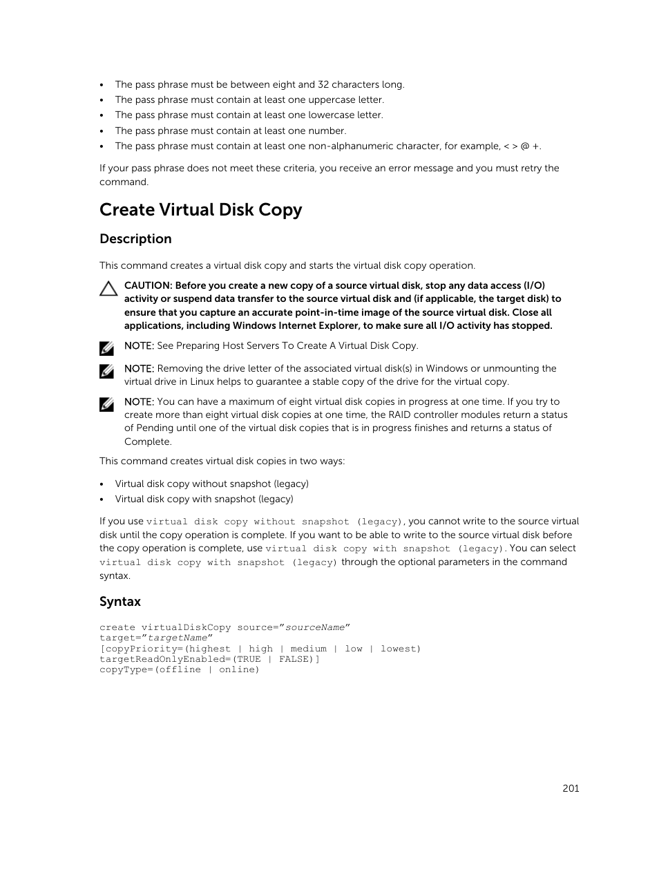 Create virtual disk copy, Description, Syntax | Dell PowerVault MD3420 User Manual | Page 201 / 405