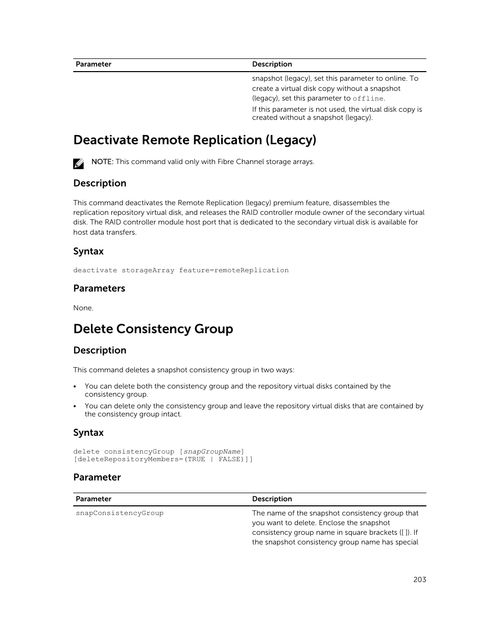 Deactivate remote replication (legacy), Delete consistency group | Dell PowerVault MD3420 User Manual | Page 203 / 405