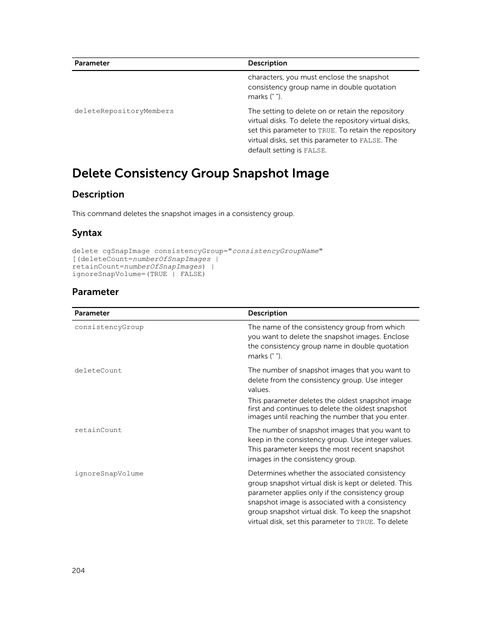 Delete consistency group snapshot image, Description, Syntax | Parameter | Dell PowerVault MD3420 User Manual | Page 204 / 405
