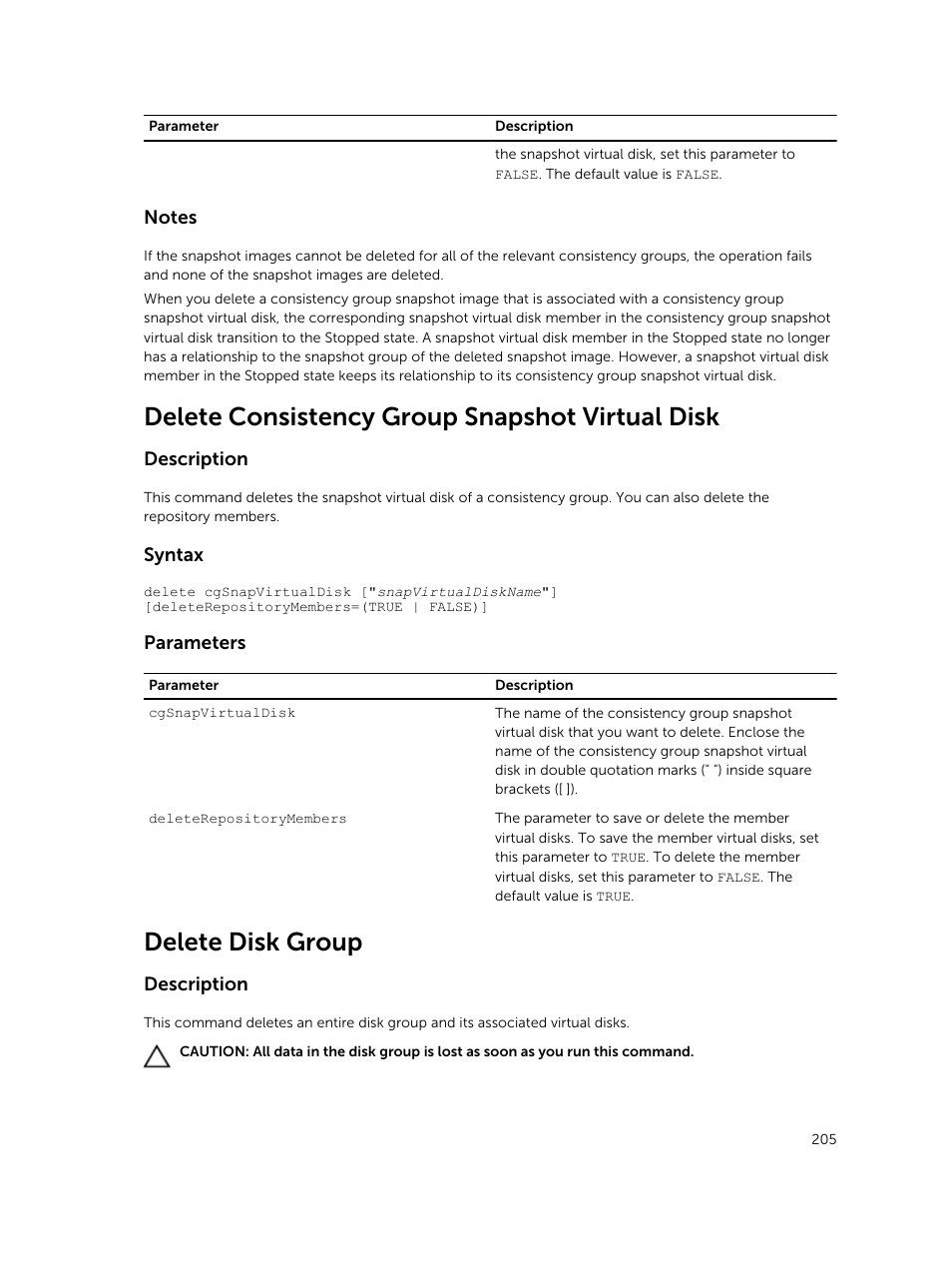 Delete consistency group snapshot virtual disk, Delete disk group | Dell PowerVault MD3420 User Manual | Page 205 / 405