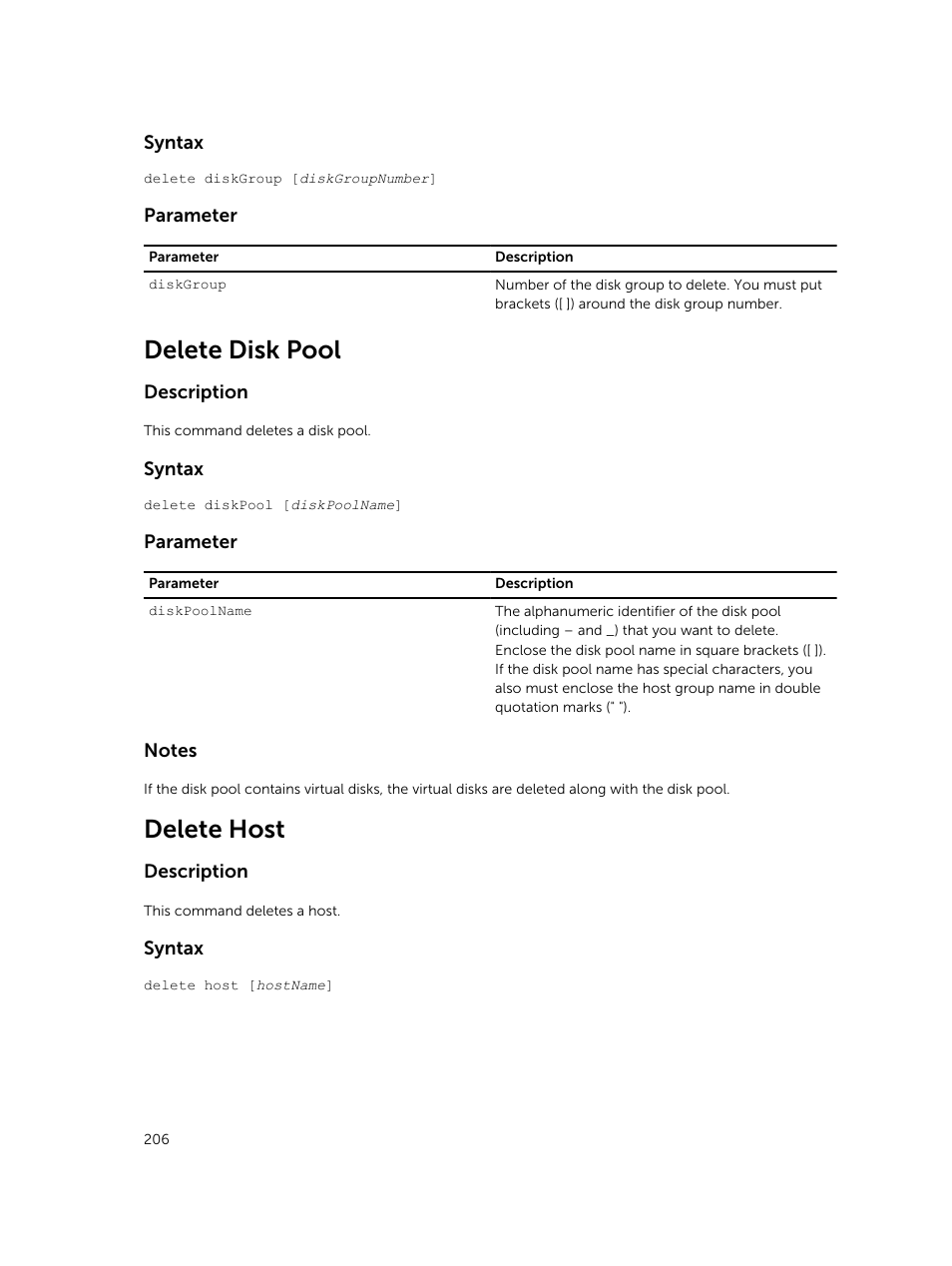 Delete disk pool, Delete host | Dell PowerVault MD3420 User Manual | Page 206 / 405