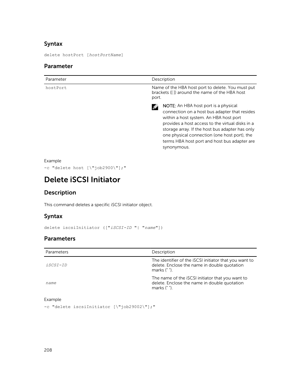 Delete iscsi initiator, Syntax, Parameter | Description, Parameters | Dell PowerVault MD3420 User Manual | Page 208 / 405