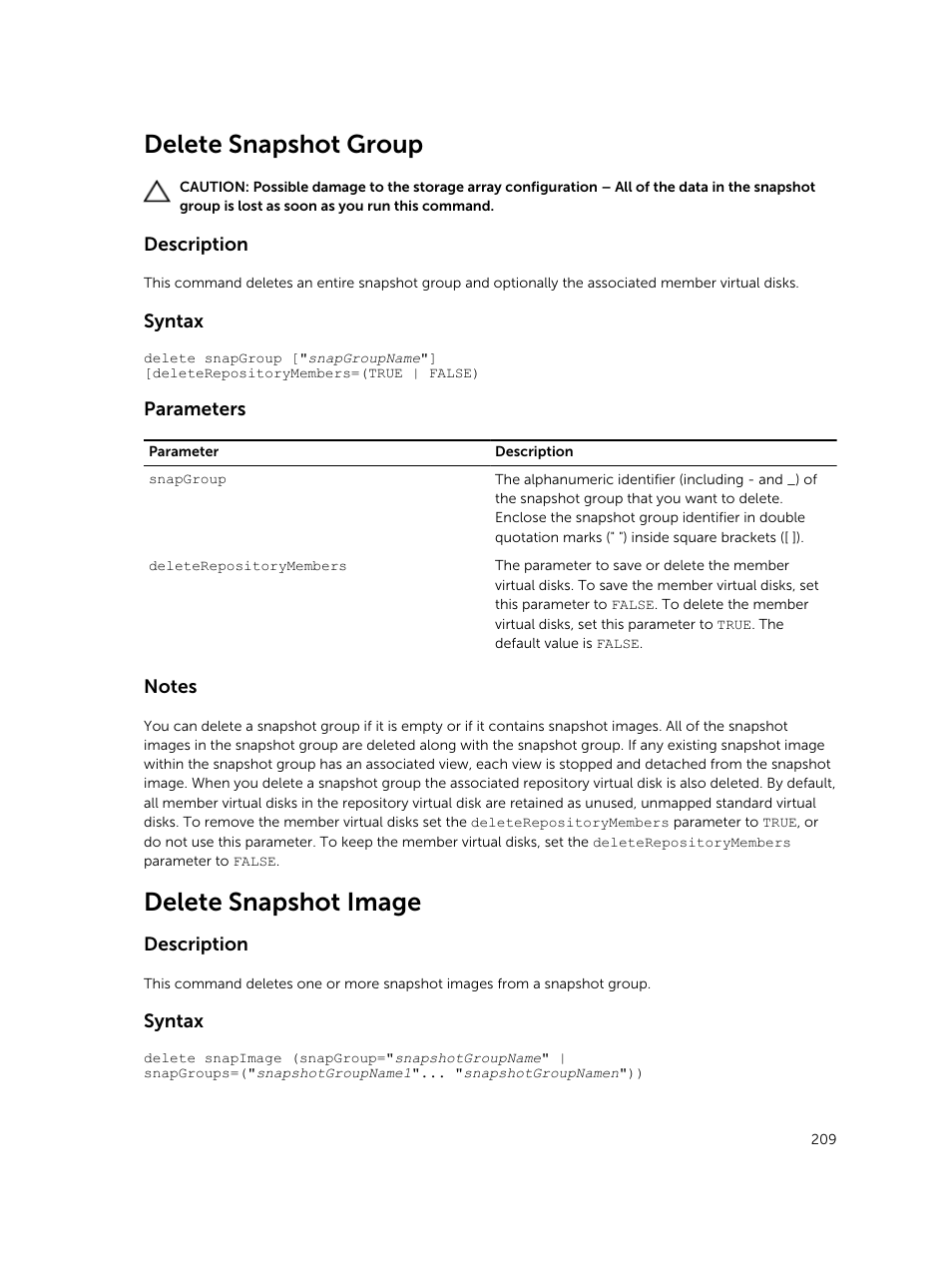 Delete snapshot group, Delete snapshot image | Dell PowerVault MD3420 User Manual | Page 209 / 405
