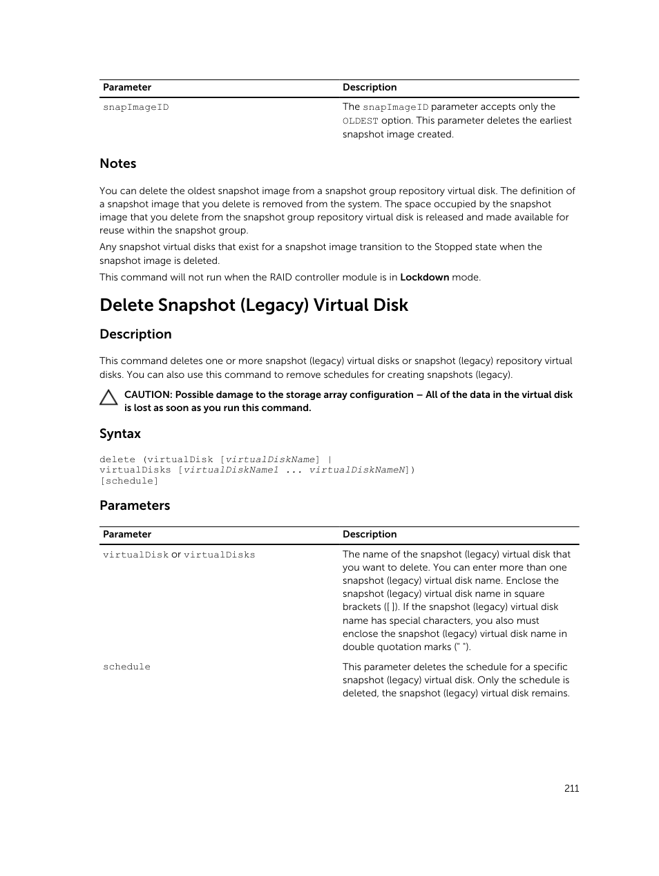 Delete snapshot (legacy) virtual disk, Description, Syntax | Parameters | Dell PowerVault MD3420 User Manual | Page 211 / 405