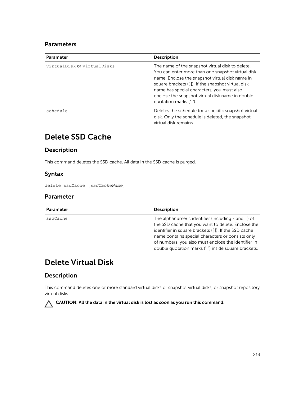 Delete ssd cache, Delete virtual disk | Dell PowerVault MD3420 User Manual | Page 213 / 405
